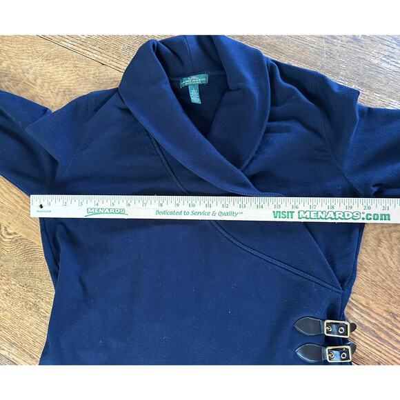 LRL Lauren Jean Co Faux Wrap Dress Navy Blue Heavy 100% Cotton Sz L Shawl Collar - Picture 4 of 10